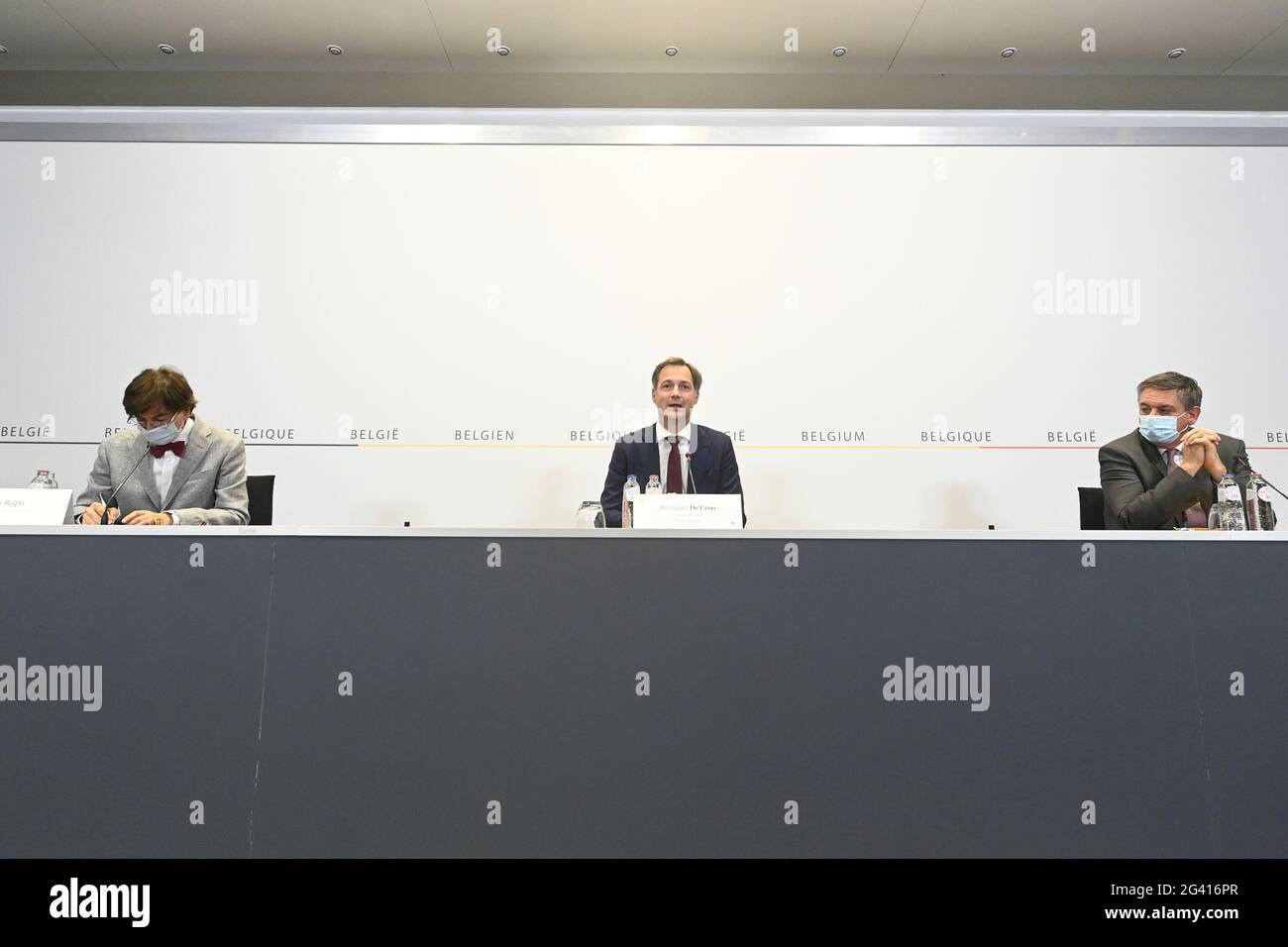 Walloon Minister President Elio Di Rupo, Prime Minister Alexander De Croo and Flemish Minister President Jan Jambon pictured during a press conference Stock Photo