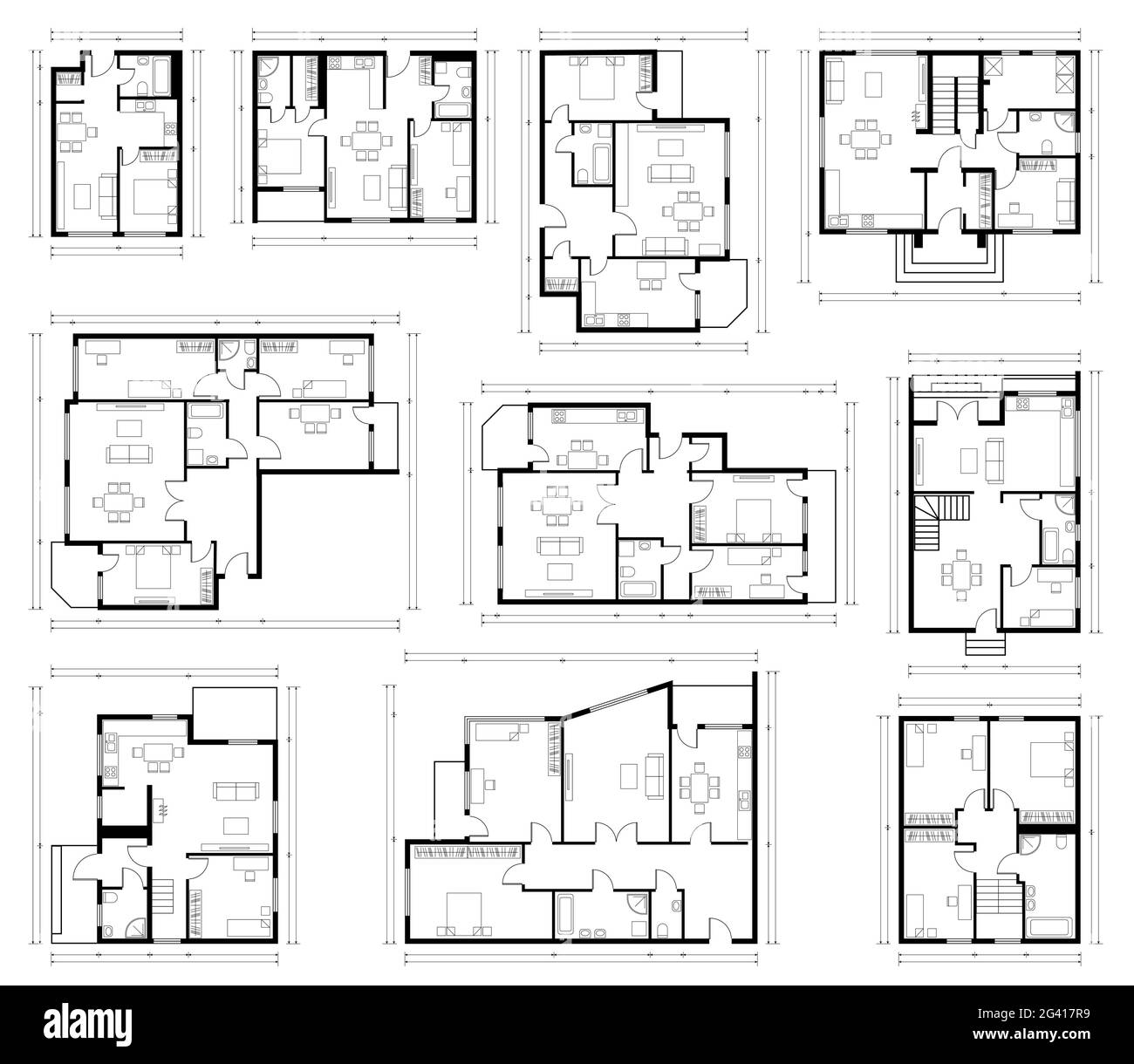 Architecture design, blueprint plan. Set of different black and white house floor plans isolated on white Stock Vector