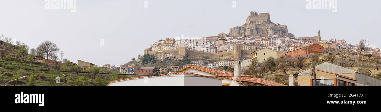 Panaroma cityscape view of the historic hilltop coty of Morella in central Spain Stock Photo