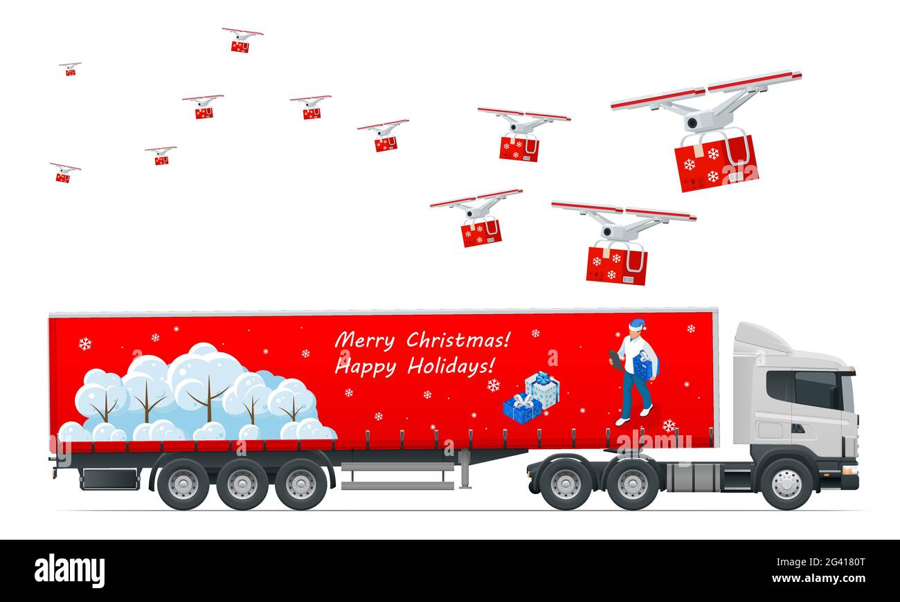Truck trailer with container. Car for the carriage of goods. Drones with delivering Christmas gifts. Cargo delivering vehicle Stock Vector