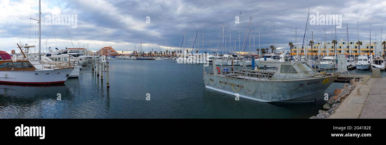 Many boats and ships in the harbor of Port Barcares in southern France Stock Photo