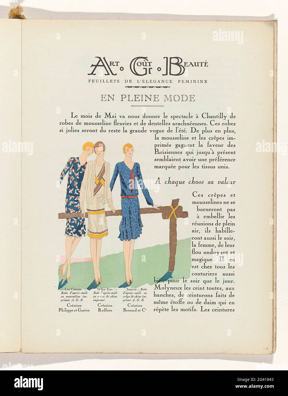 Art - Goût - Beauté, Feuillets de l 'Élégance Féminine, MAI 1929, no. 105,  9th Année, p. 9. Text about the spring fashion. Illustration with afternoon  juke of Philippe & Gaston, Redfern