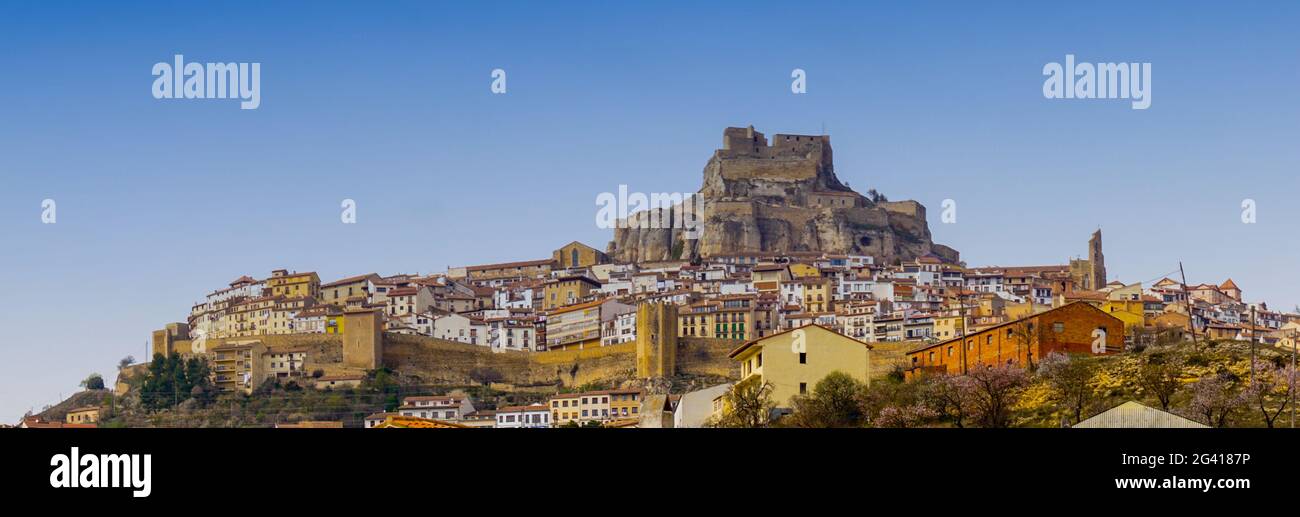 Panaroma cityscape view of the historic hilltop coty of Morella in central Spain Stock Photo