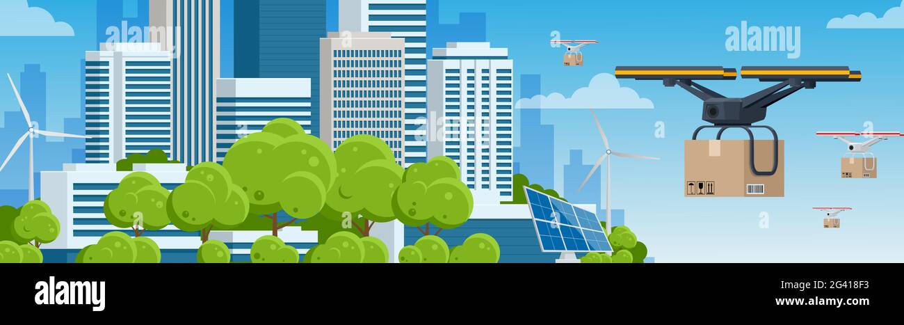 Delivery drone with the cardboard box flying over the town. Quadcopter carrying a package to customer. Technological shipment innovation. Drone Stock Vector