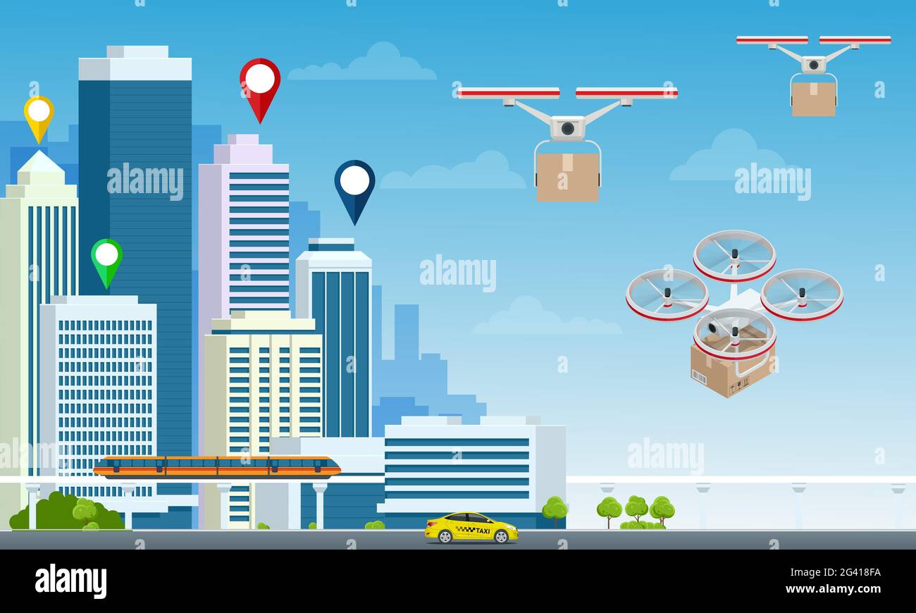 Delivery drone with the cardboard box flying over the town. Quadcopter ...