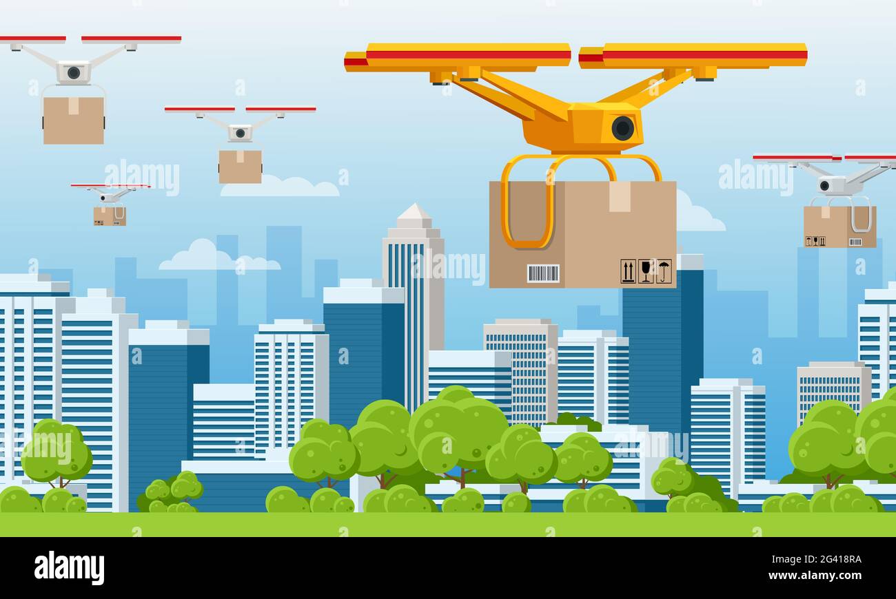 Delivery drone with the cardboard box flying over the town. Quadcopter ...