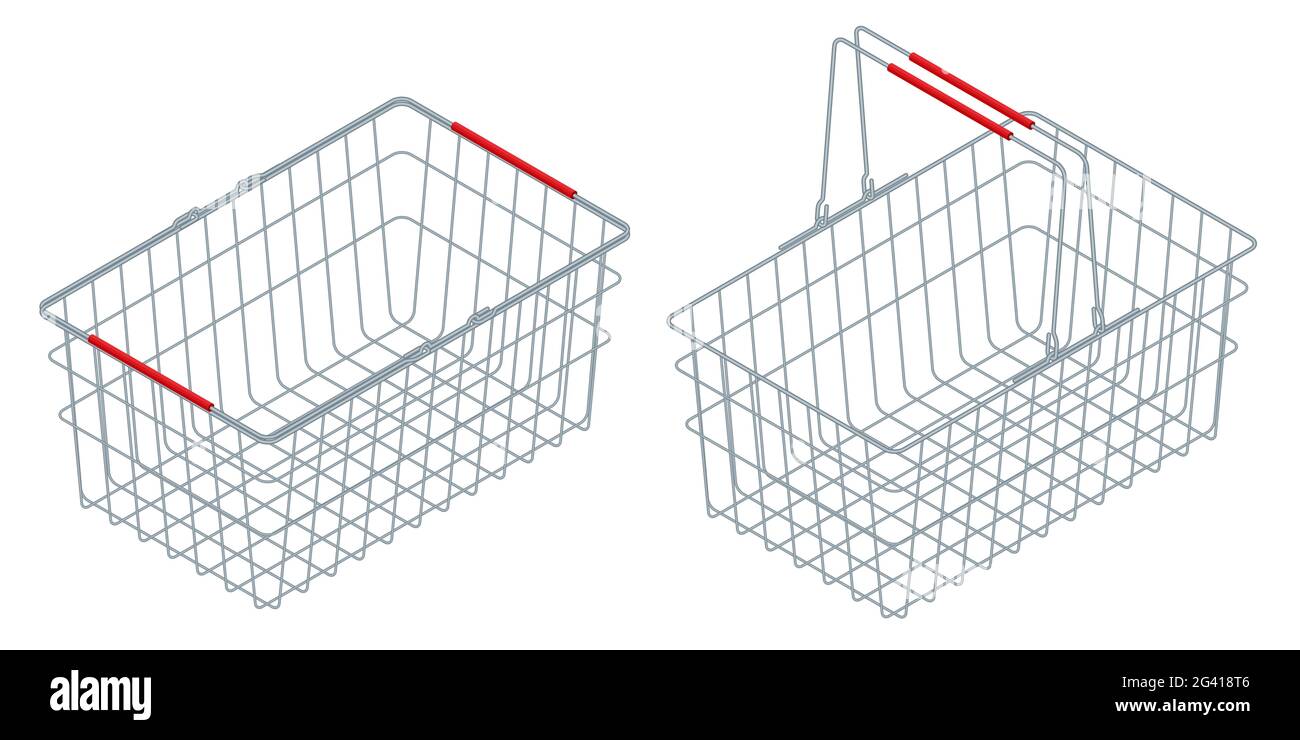 Isometric chrome plated wire metal double handles square empty shopping basket. Shopping basket isolated on a white background. Stock Vector