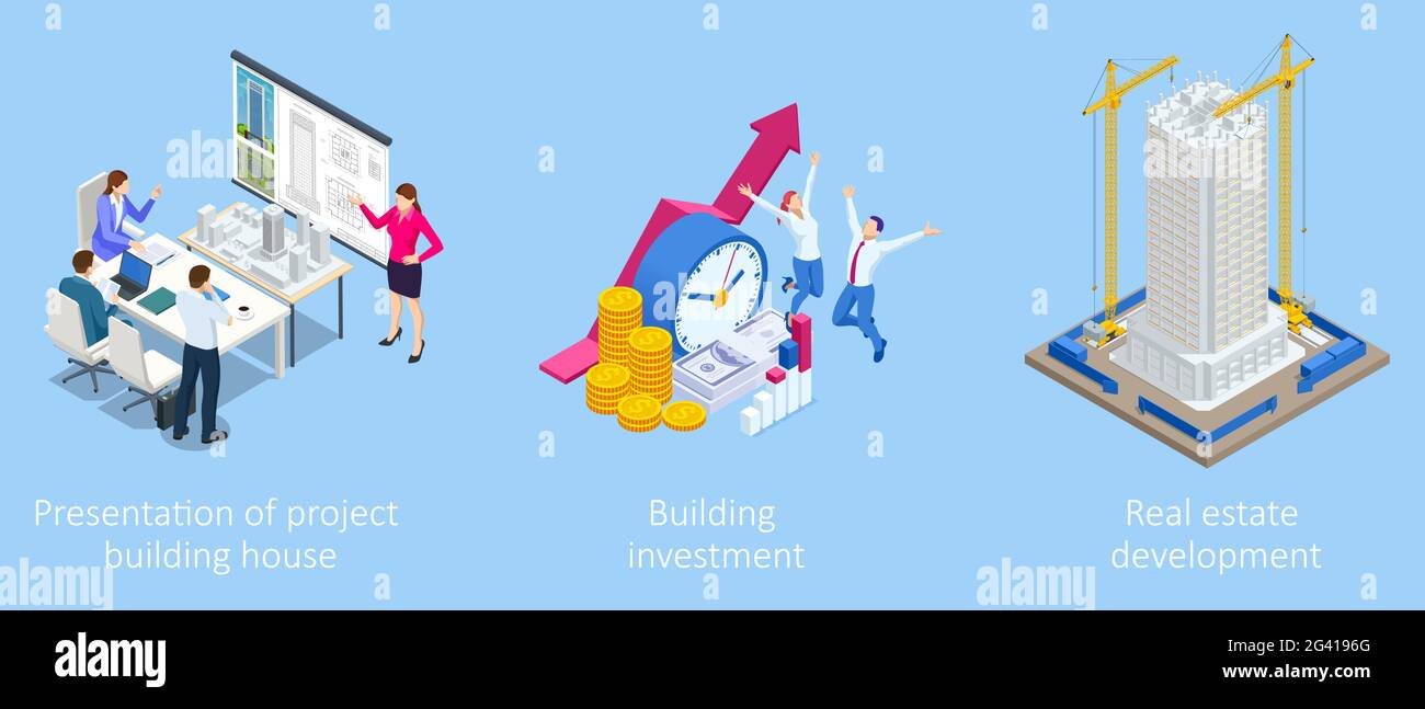 Isometric Construction Project Management. Professional Contractors and Engineers Characters. Building Investment Stock Vector