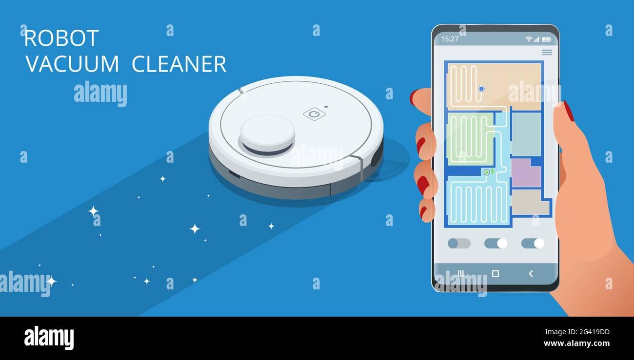 Controlling vacuum with remote control. Robot vacuum cleaner communicates with the smartphone via wireless. Stock Vector
