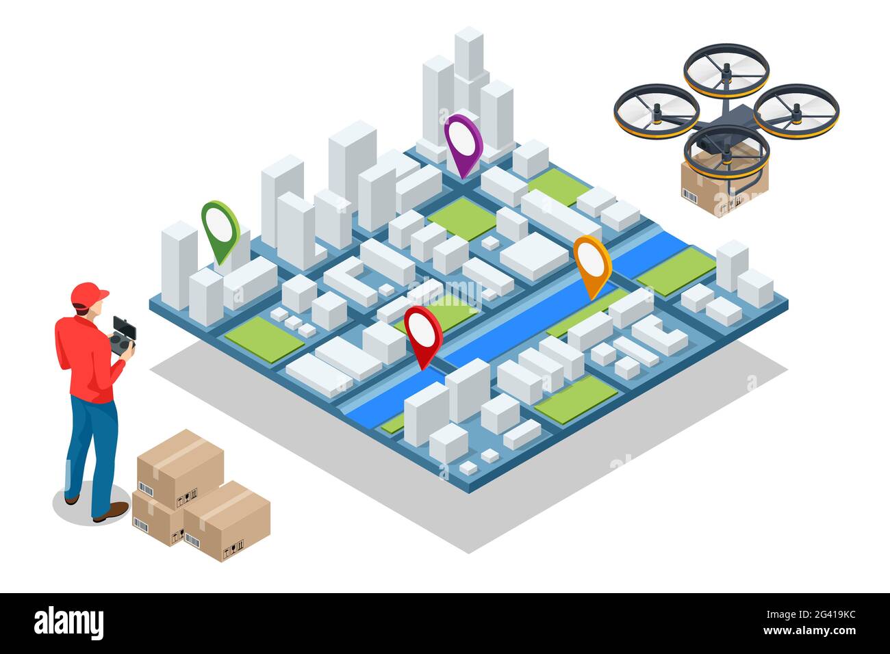 Isometric Drone delivery City . Quadcopter carrying a package to ...