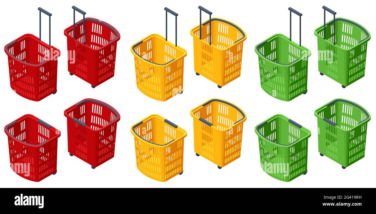 Isometric Set of plastic shopping baskets on white background. Red, yellow, blue, green plastic shopping baskets Stock Vector