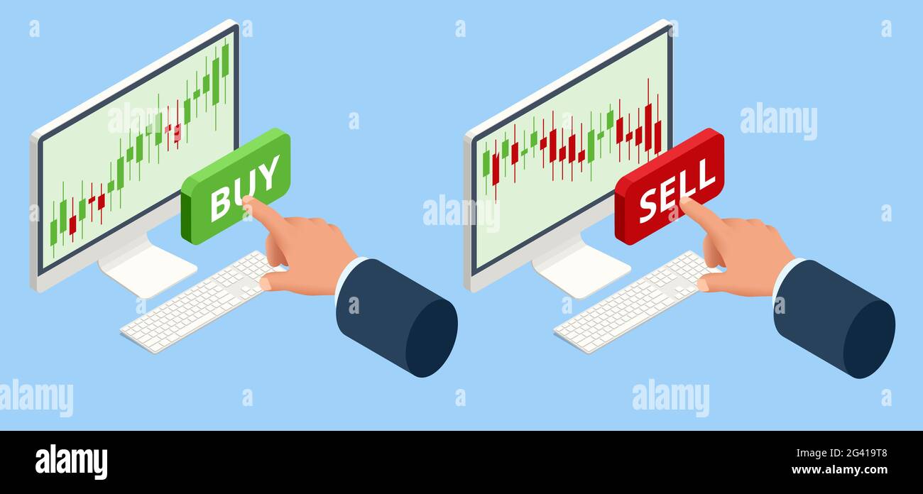 Isometric Investing and Stock Market Gain and Profits with Red and Green Candlestick Charts. Stock Exchange Market Graph, Analysis UI, UX on Laptop Stock Vector