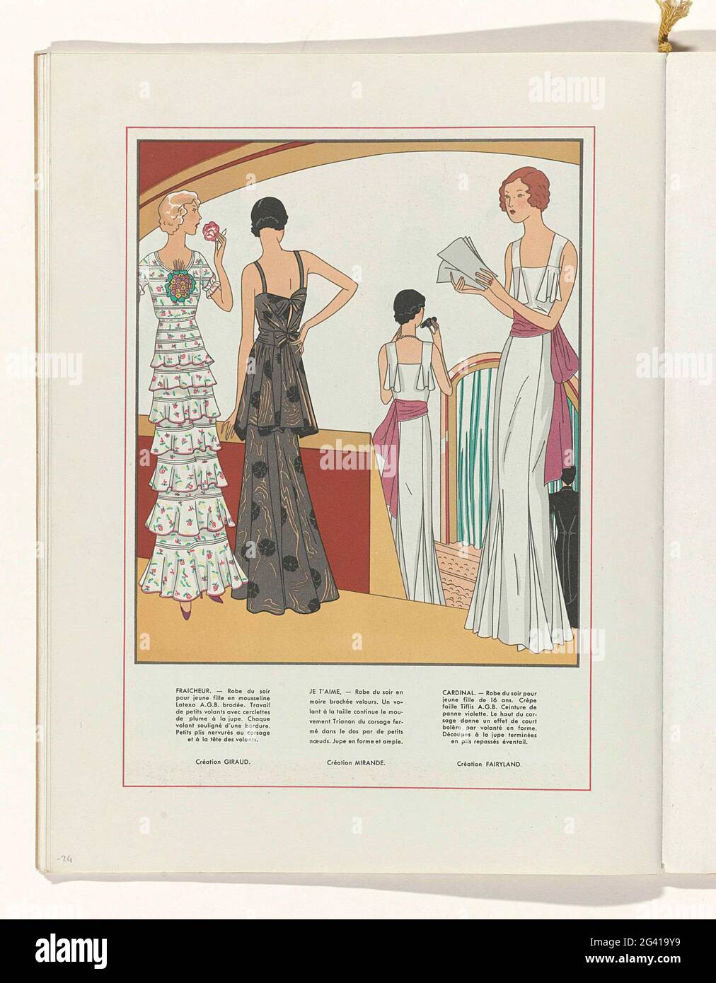 Art - Goût - Beauté, Feuillets de l 'Élégance Féminine, Novembre 1931, no.  135, 12th Année, p. 24. Left: Evening dress, embroidered 'mousseline Latexa  a.g.b.', from Giraud. Middle: evening dress by 'Moire'