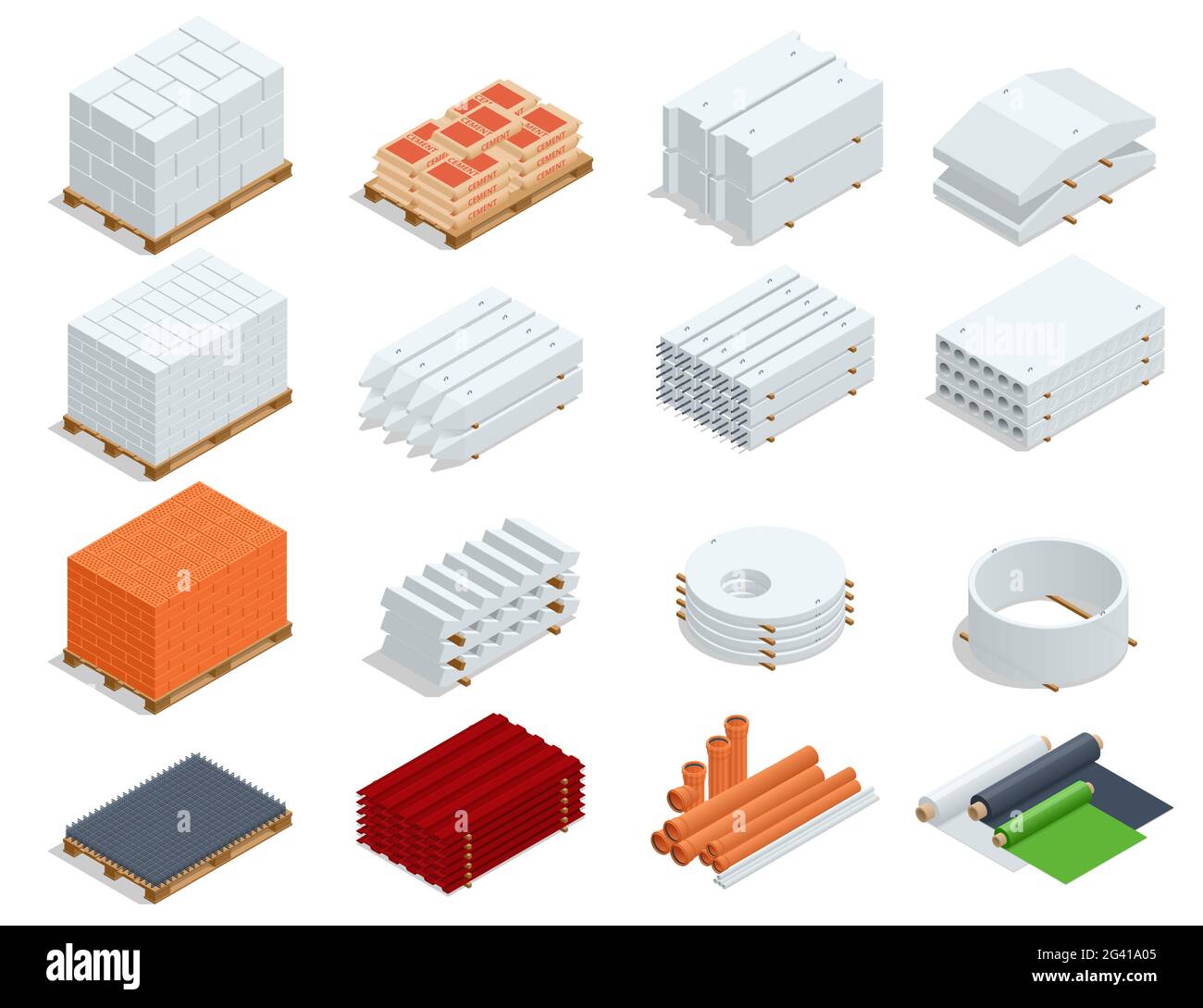 Isometric building products icons. Ferro-concrete items, Concrete elements, pipes, iron roof, cement, concrete and brick Stock Vector