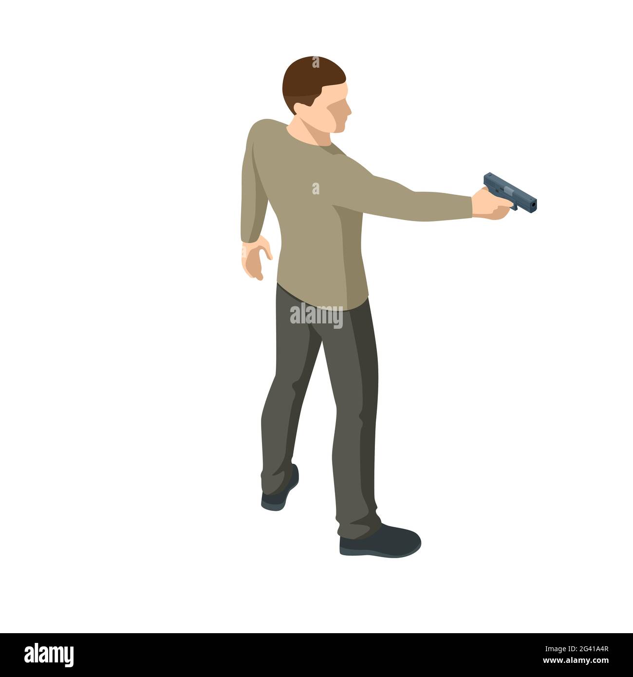 Isometric man with a gun in his hand iolated on white. Male