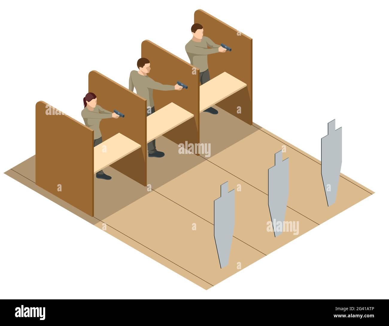 Isometric men aiming pistol at target in indoor firing range or