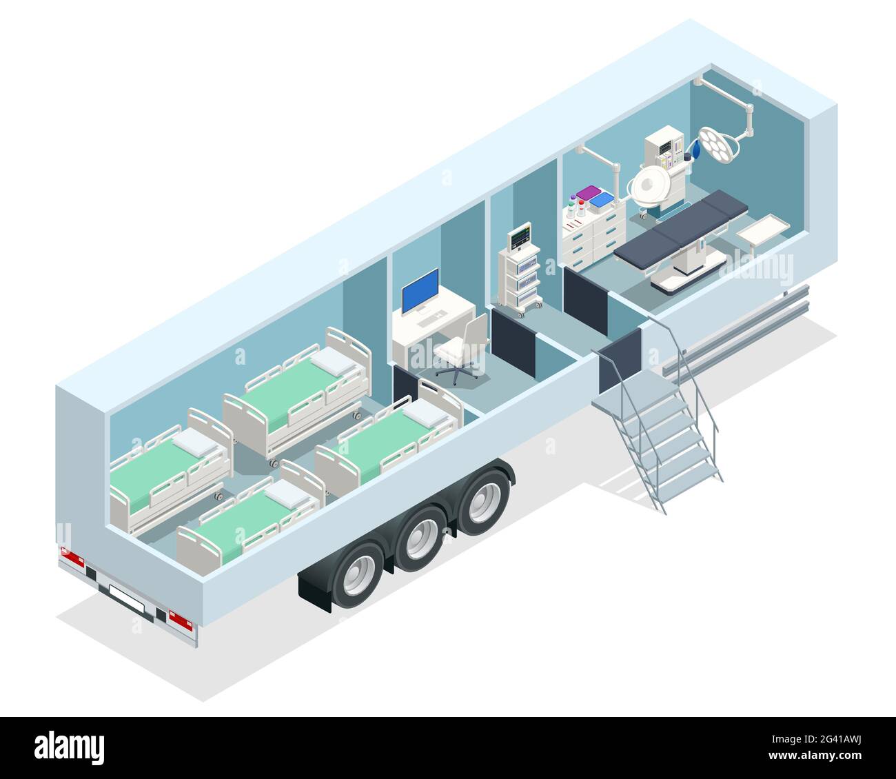 Isometric hospital in the car. Mobile hospital with medical beds, laboratory and operating room. Stock Vector