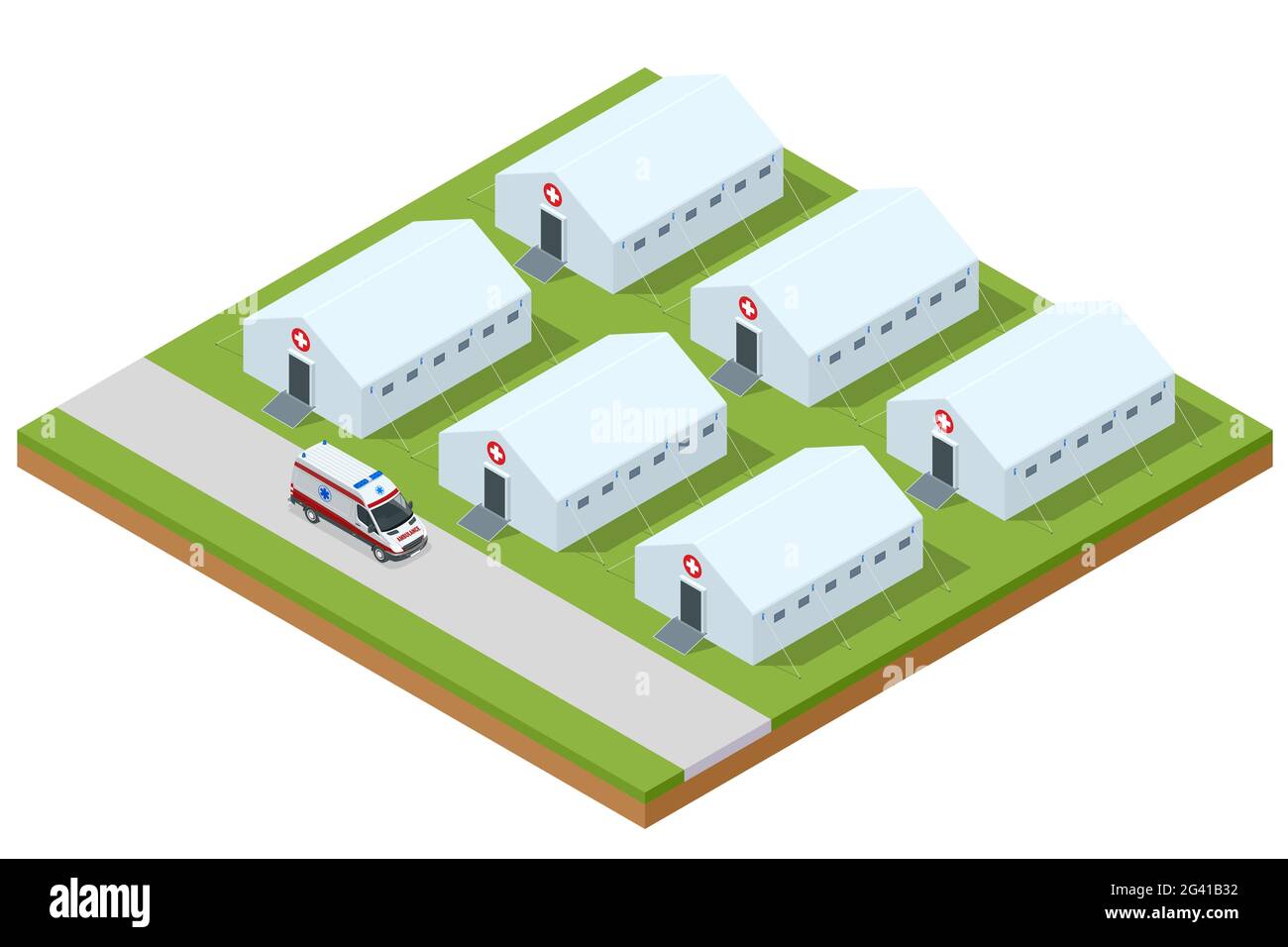 Isometric hospital field tent for the first AID and ambulance, a mobile medical unit for patient with Corona Virus. Camp room for people infected with Stock Vector