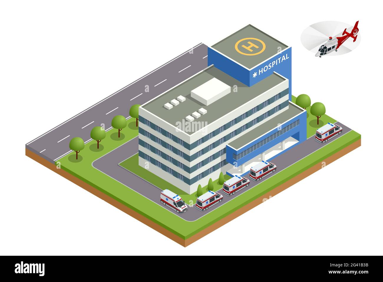 Isometric city hospital, helicopter and ambulance. There is a place for a helicopter on the roof. Health and medicine Stock Vector