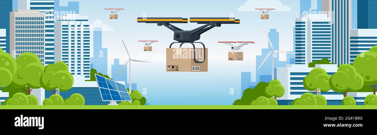 Delivery drone with the cardboard box flying over the town. Quadcopter carrying a package to customer. Technological shipment innovation. Drone Stock Vector