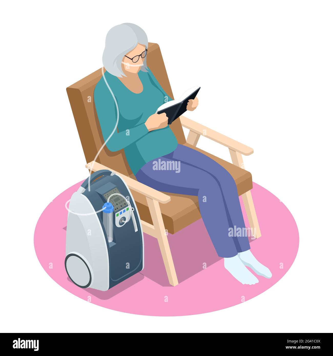 Isometric Home Medical Oxygen Concentrator. Concept of healthcare, life, pensioner. Senior woman with Chronic obstructive pulmonary disease with Stock Vector