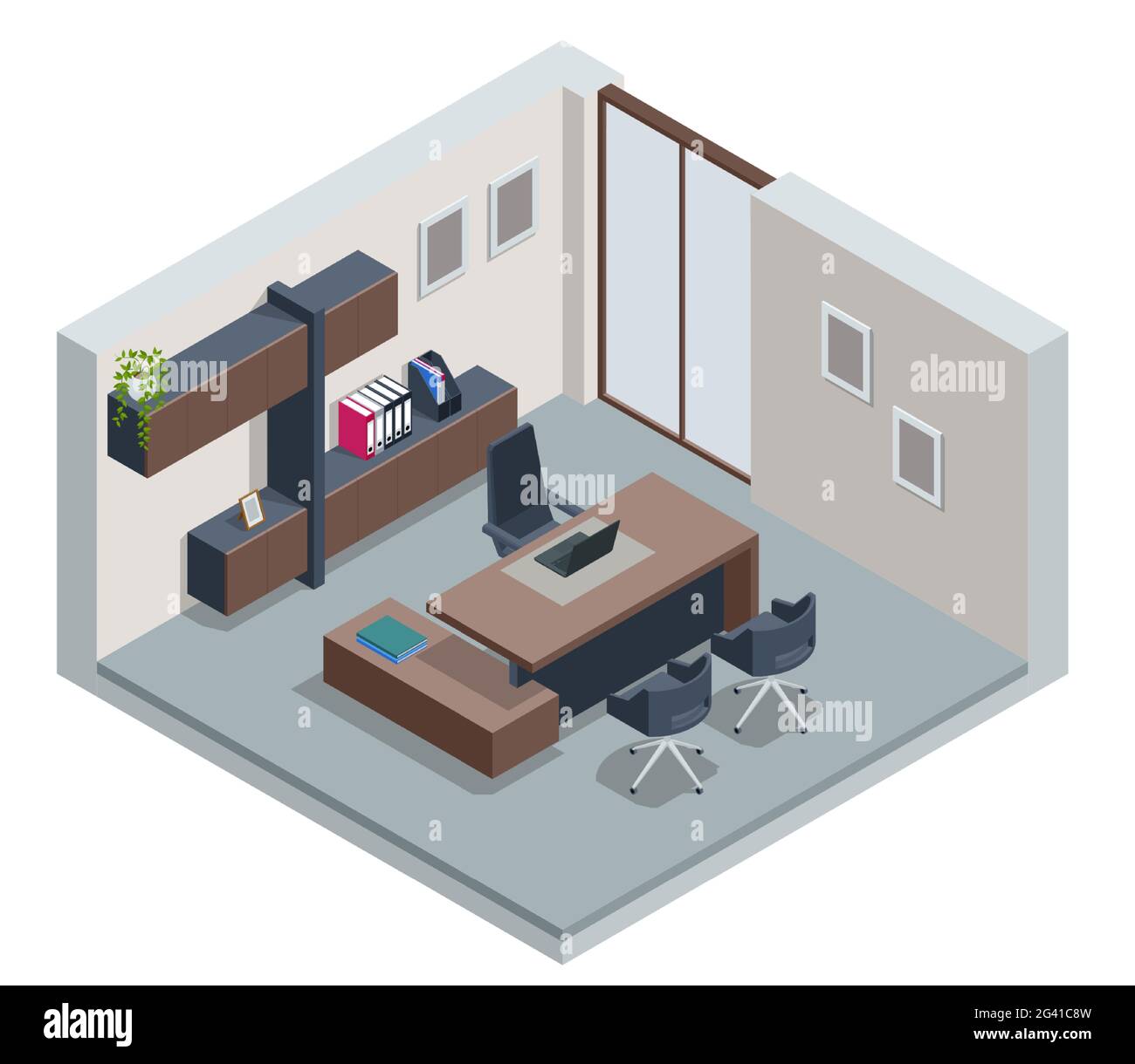 Isometric VIP office furniture. CEO office interior with a wooden table