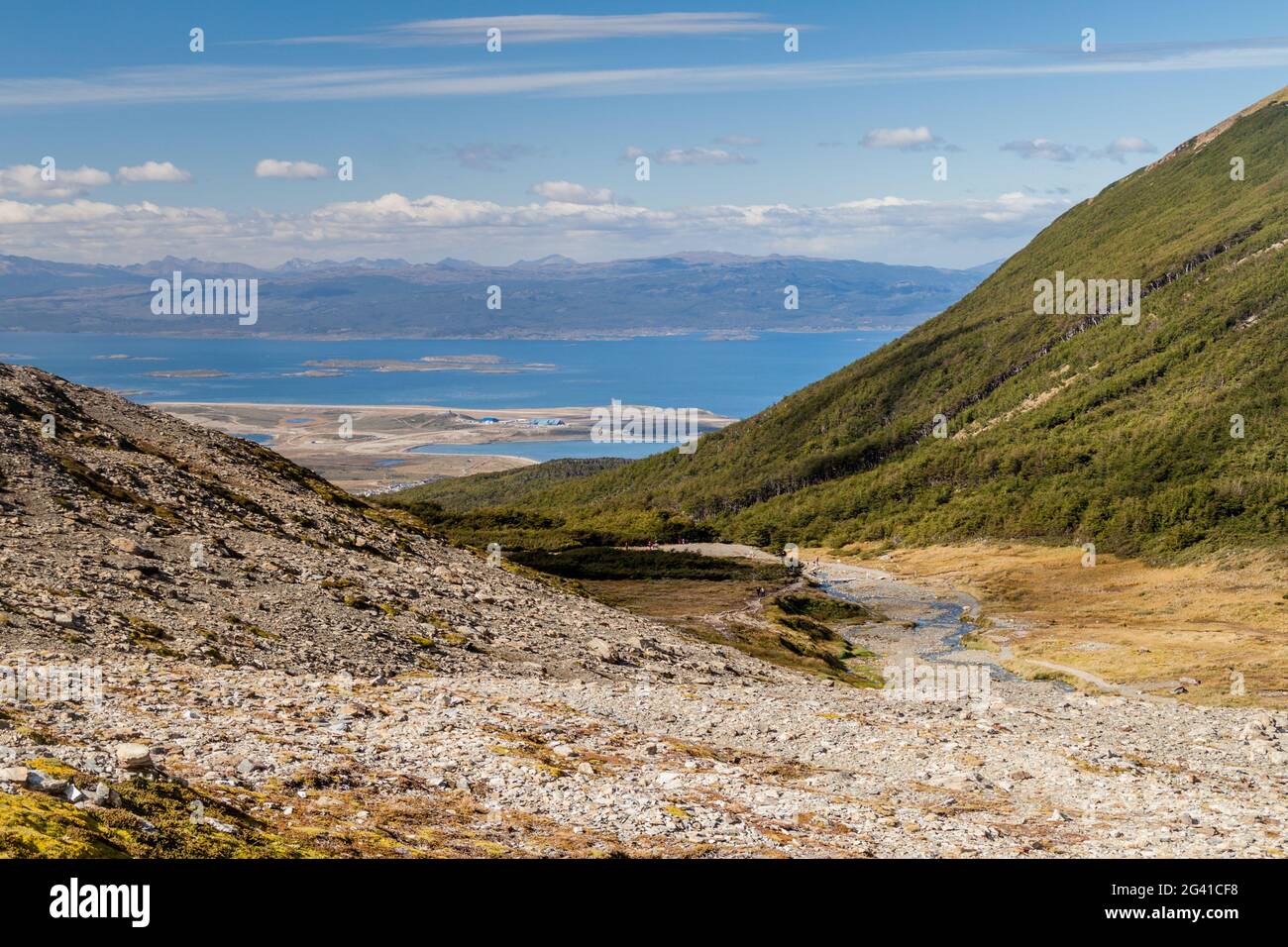 View of Beagle channel and mountains near Ushuaia, Argentina Stock Photo