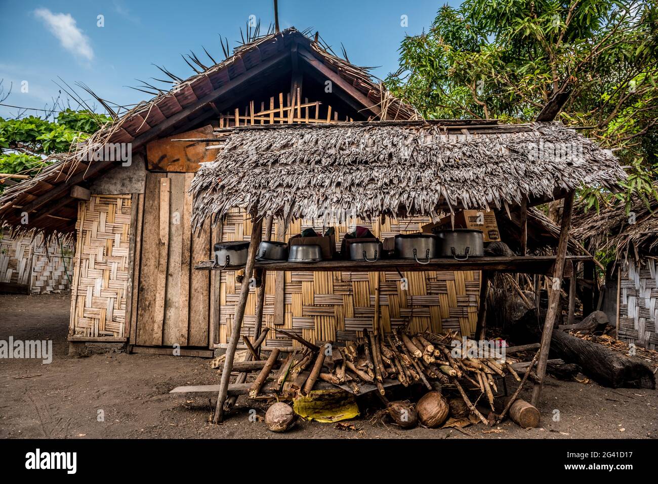 Kitchen in front of straw hut, Malekula, Vanuatu, South Pacific ...