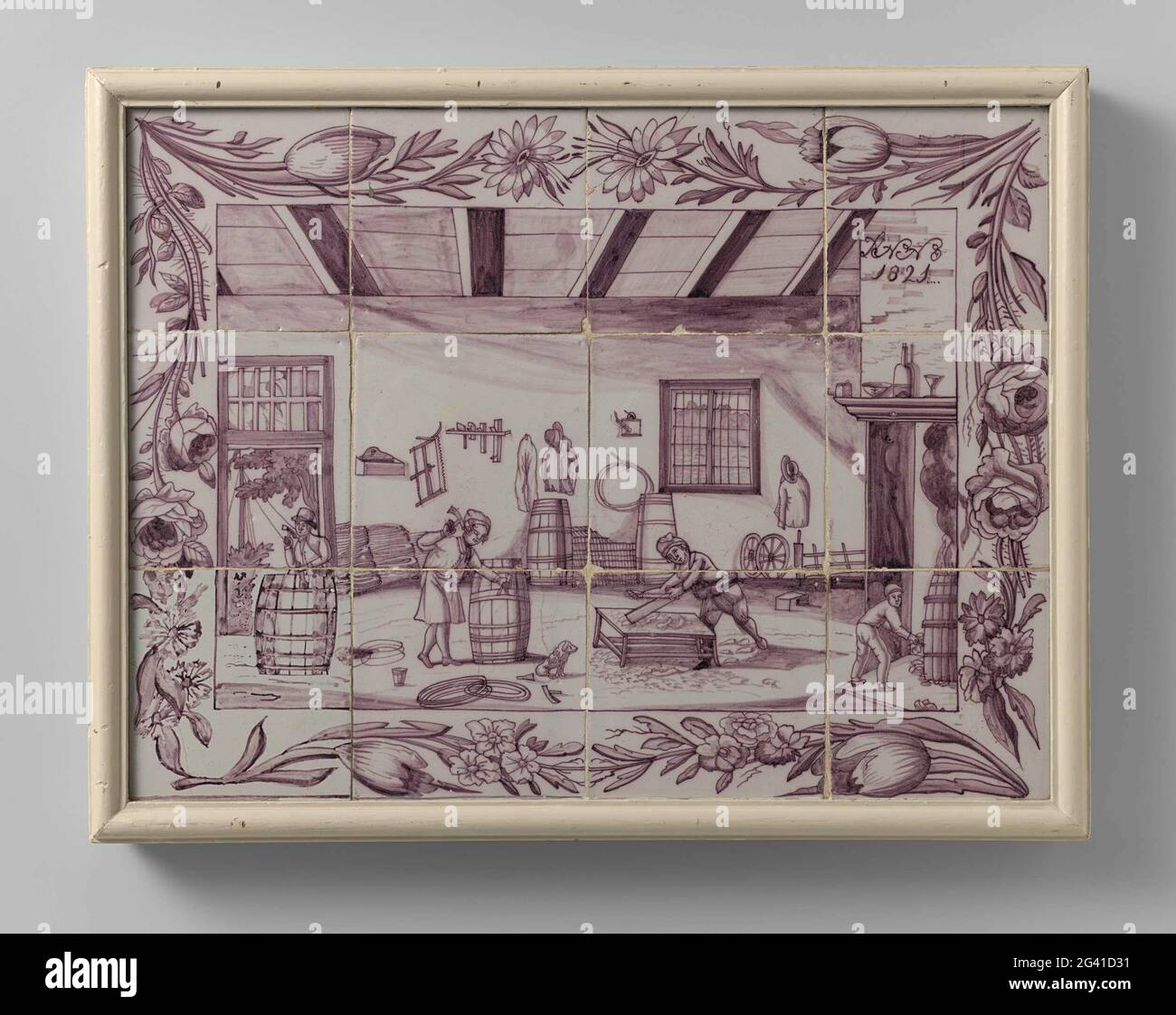 Tile tape from a bucket. Tile tile of twelve tiles (3 x 4) with purple painted figures in a cooperage. The frame consists of flowers. At the top right of the inscription: Anno 1821. Stock Photo