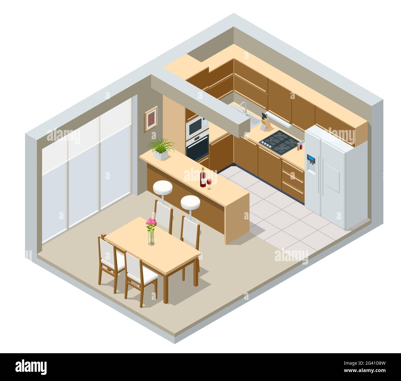Isometric minimalist kitchen room interior with dinning furniture on a