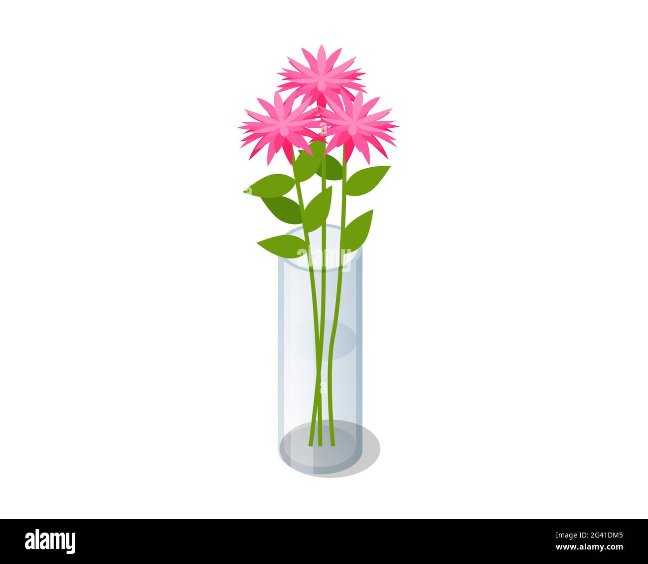 Isometric pink bouquet of flowers in transparent glass vase isolated on white background Stock Vector