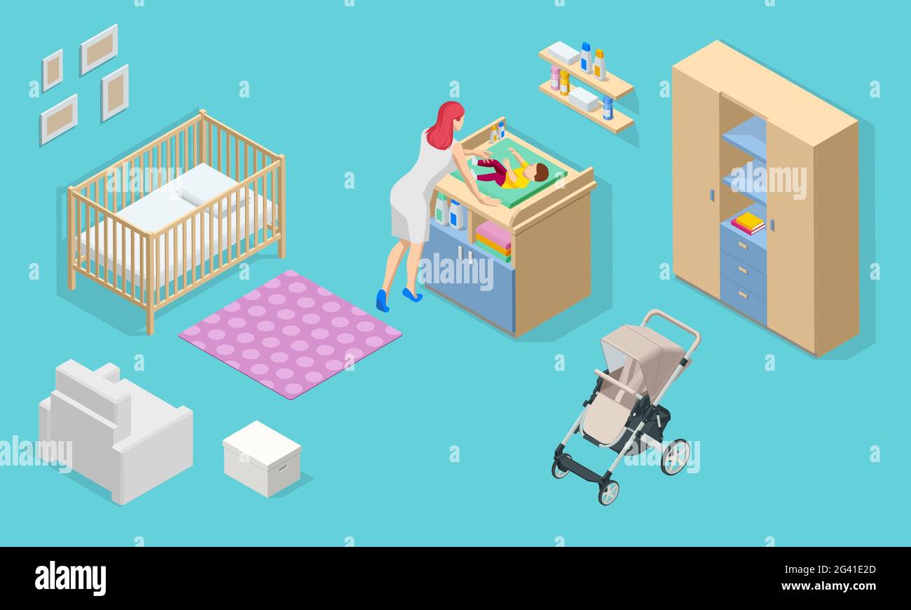 Isometirc interior furniture for baby room. Cot, changing table, chair