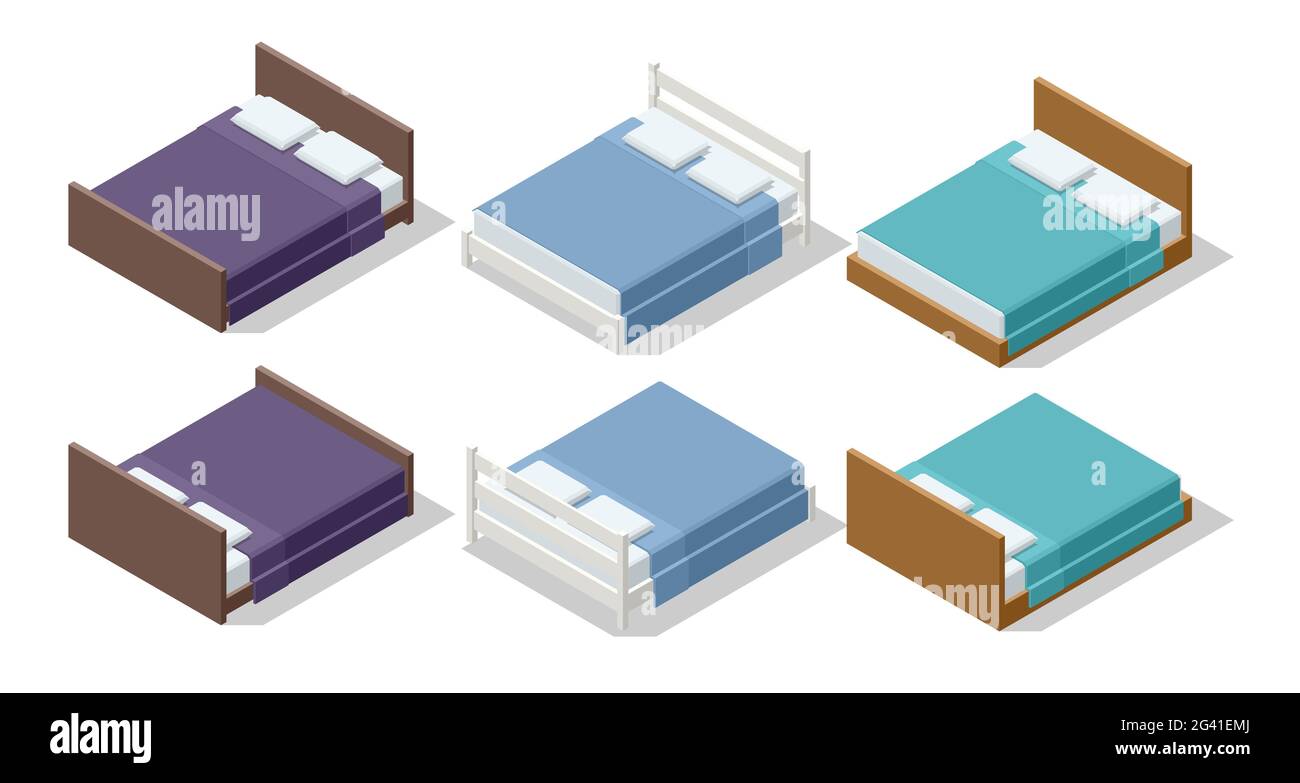 Isometric set furniture double bed illustration isolated on white background. Wooden double bed with linen Stock Vector