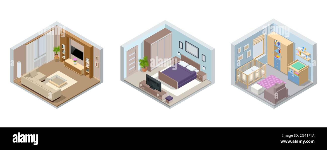 Isometric large luxury modern bright interiors living room, children s room, bedroom. Modern interior of real home isolated on white Stock Vector