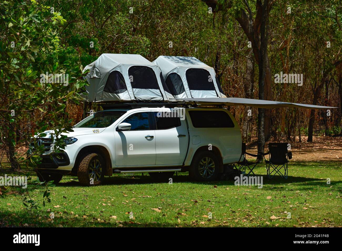 An off-road camper with a roof tent in the outback, Cooinda, Kakadu National Park, Northern Territory, Australia Stock Photo