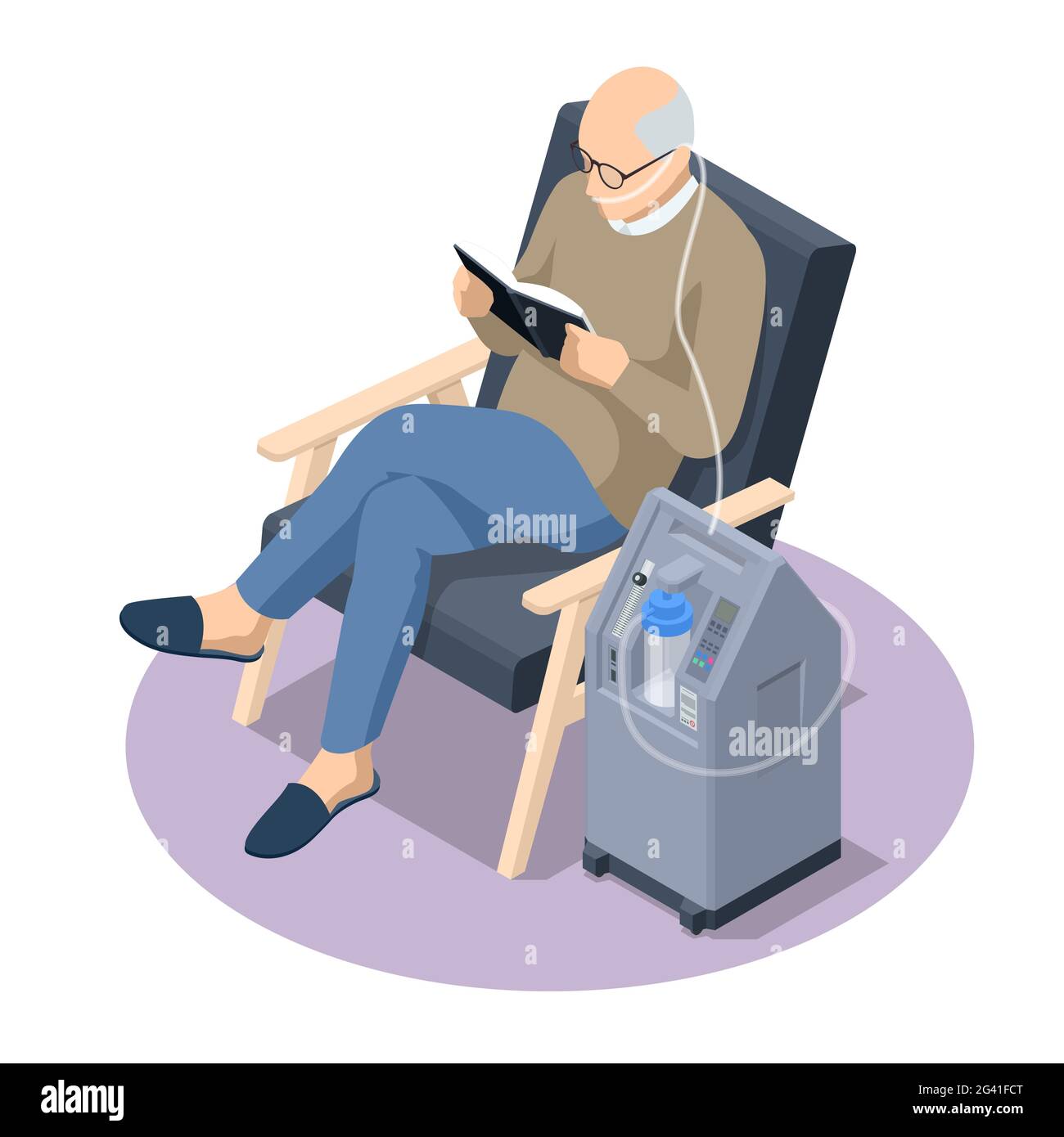 Isometric Home Medical Oxygen Concentrator. Concept of healthcare, life, pensioner. Senior man with Chronic obstructive pulmonary disease with Stock Vector
