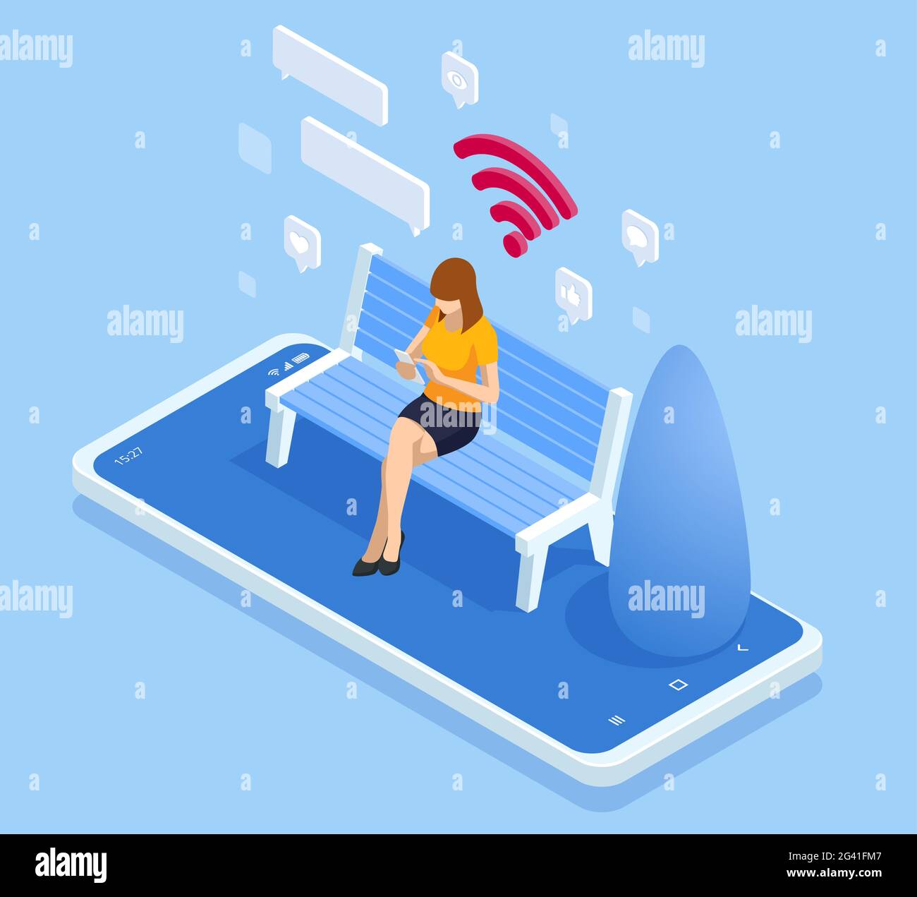 Isometric woman in free internet zone using mobile gadgets, tablet pc and smartphone. WIFI zone. A woman sits on a bench in the park and communicates Stock Vector
