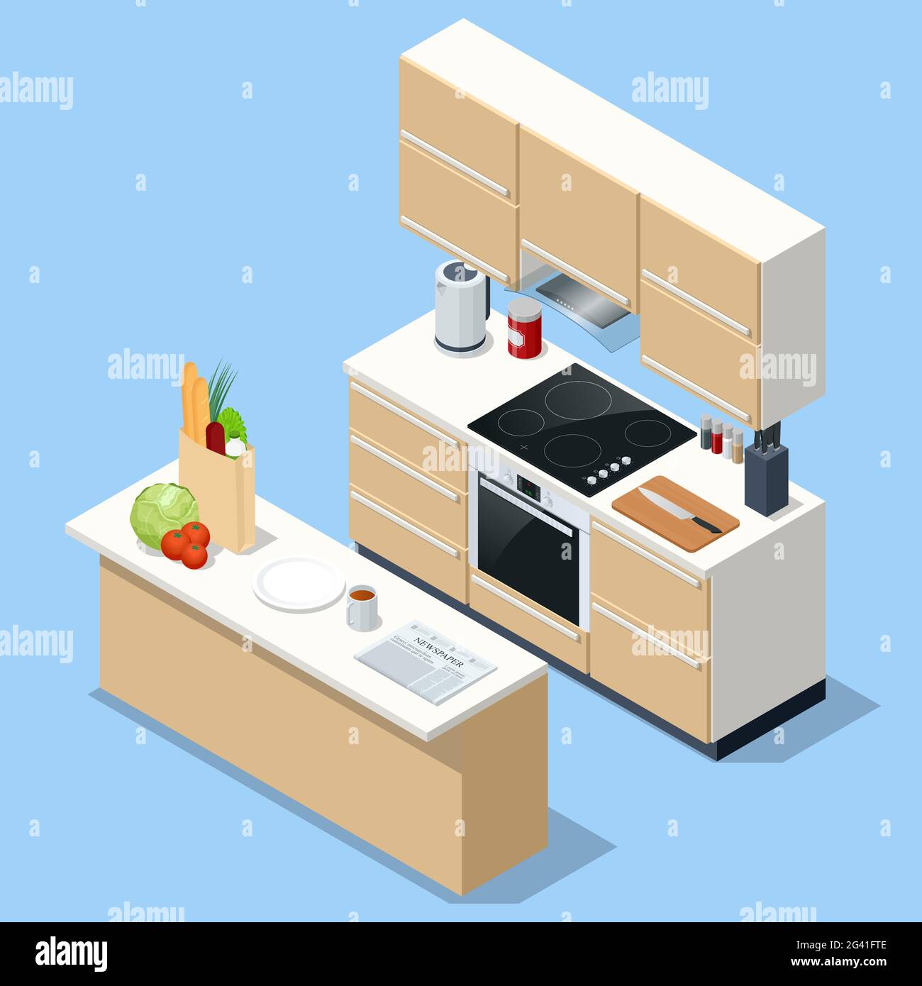 Isometric minimalist kitchen room interior with dinning furniture on a ...
