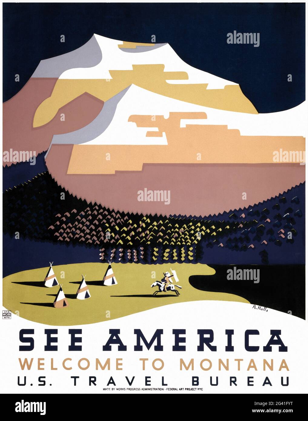 See America. Welcome to Montana by Richard Halls (1906-1976). Restored vintage poster published between 1936 and 1938 in the USA. Stock Photo