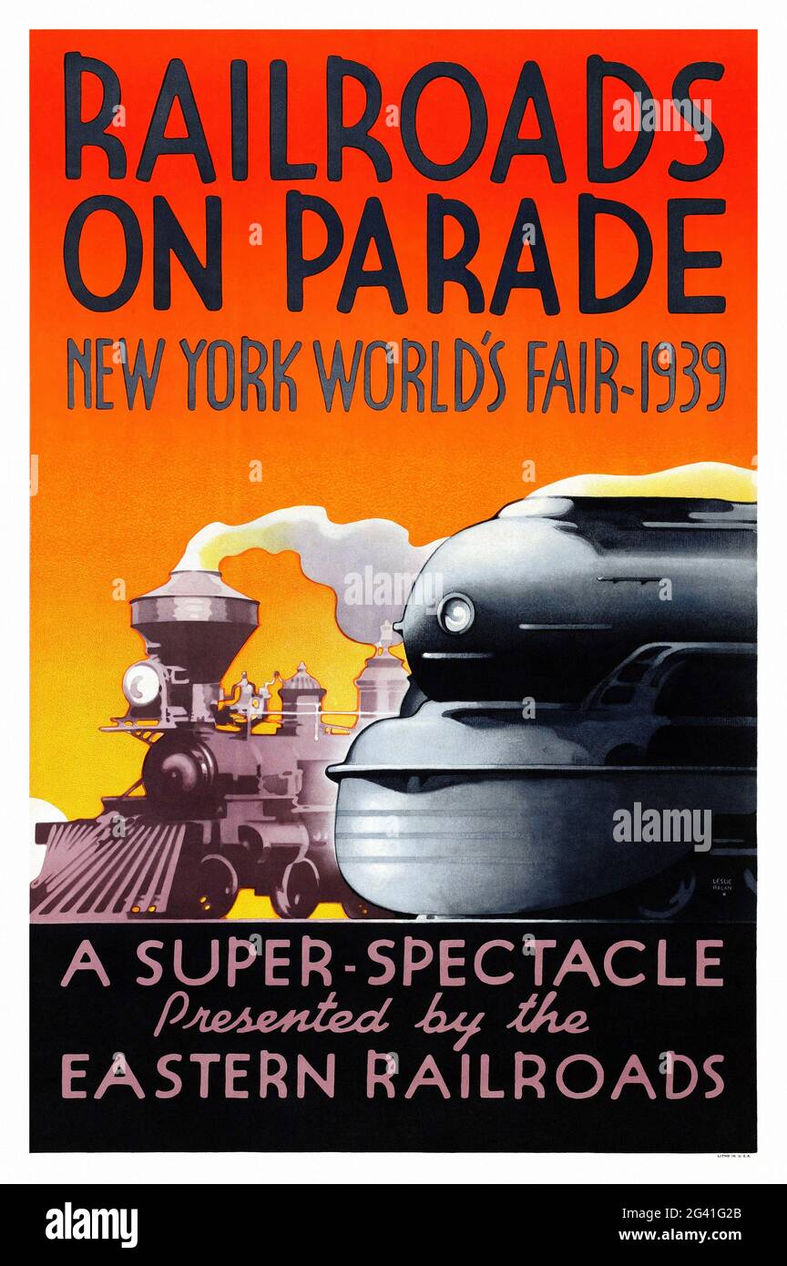 Railroads on Parade. New York World's Fair 1939 by Leslie Ragan 1897-1972). Restored vintage poster published in 1939 in the USA. Stock Photo