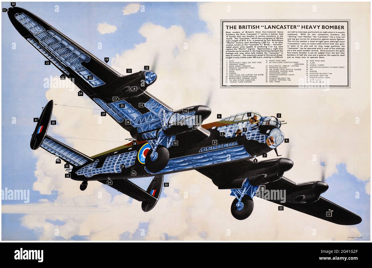 The British 'Lancaster' Heavy Bomber. Artist unknown. Restored vintage poster published in 1942 in the UK. Stock Photo