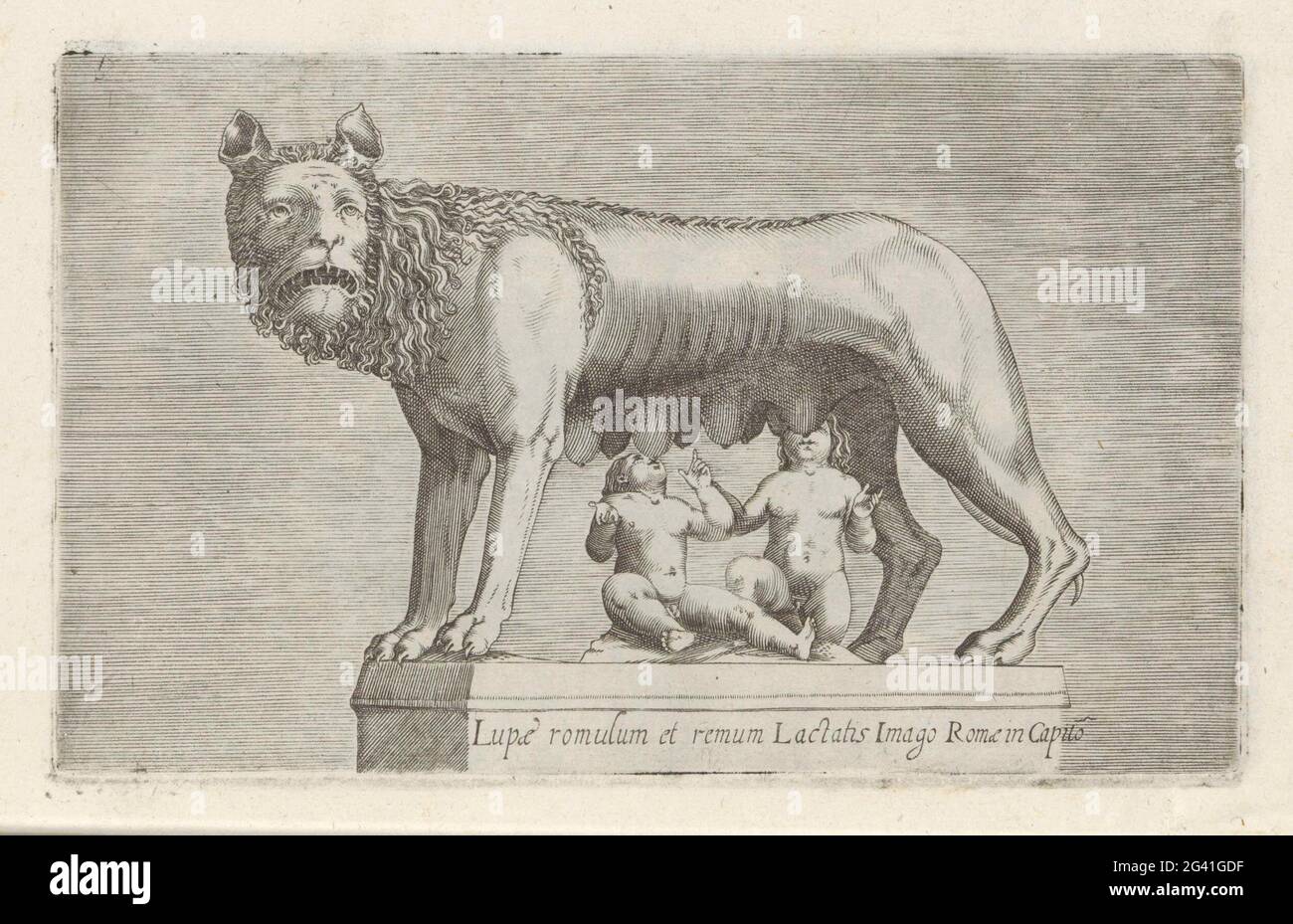 Sculptuur van Lupa Capitolina on the tweeling , Romulus and Remus en ...