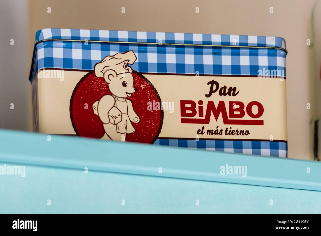 Barcelona, Spain - June 4, 2021. Old box of Bimbo products and bread Stock Photo
