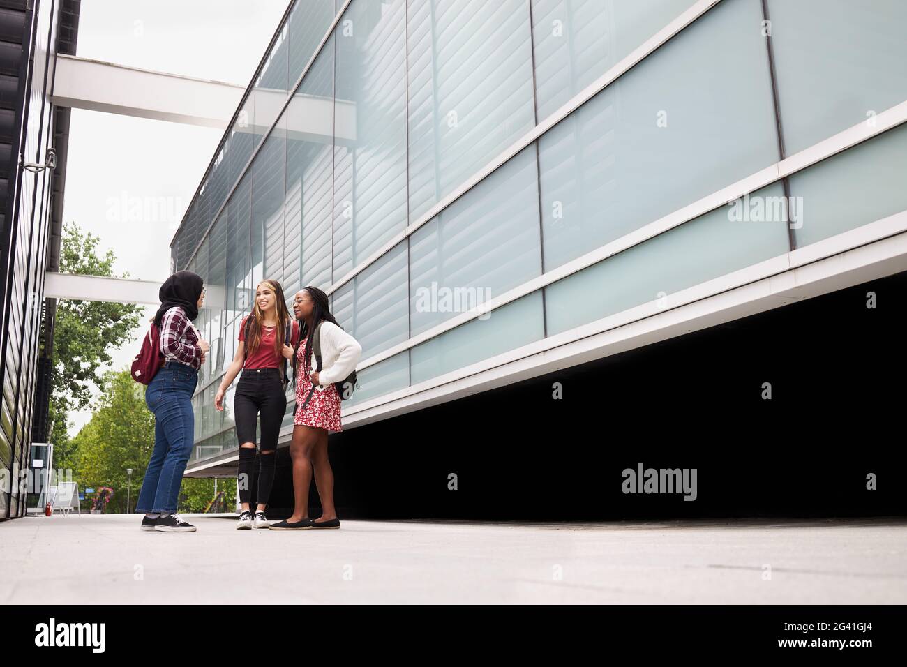 Three friends hanging out in front of the university building and chatting Stock Photo