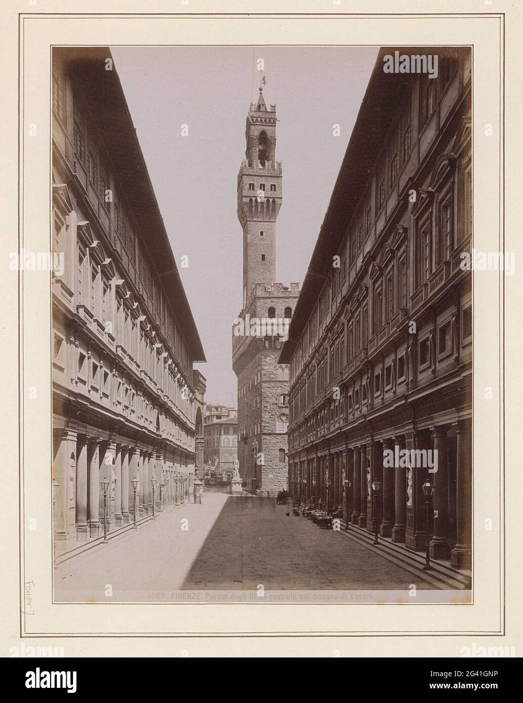 View of the Uffizi in Florence with the Palazzo Vecchio in the middle;  Firenze. Portici Degli Uffizi Construiti Sul Disegno di Vasari. Part of  travel album with pictures of sights in Italy (