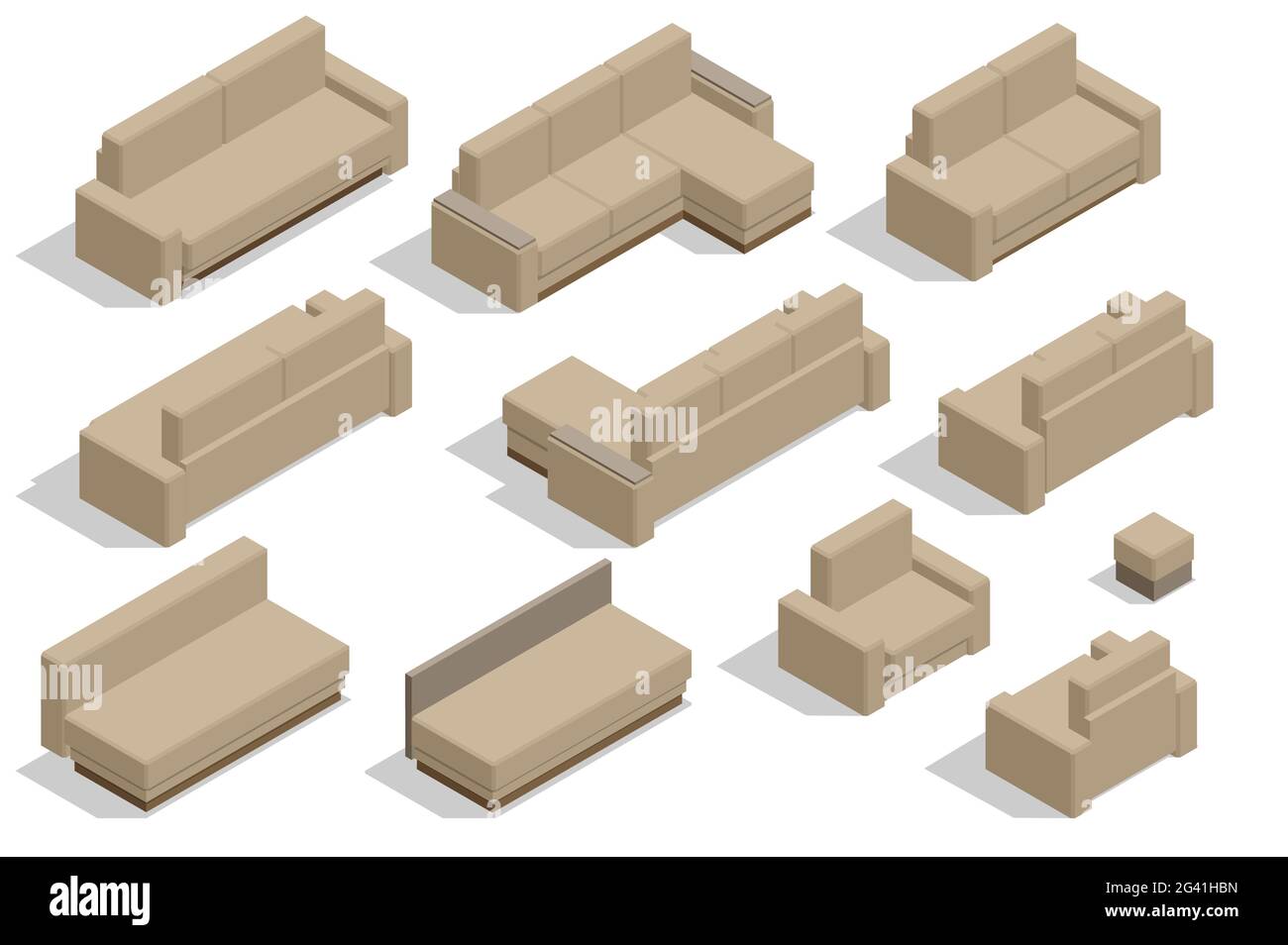 Isometric set of modern fabric sofa furniture isolated on white ...