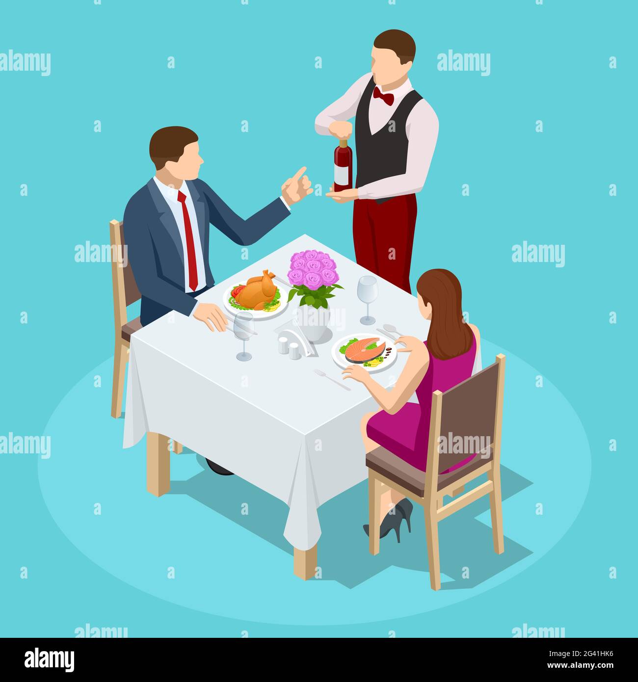 Dinner In Restaurant. Young couple having dinner in a restaurant. Man and woman sitting at the table, the waiter takes order dishes. Isometric vector Stock Vector