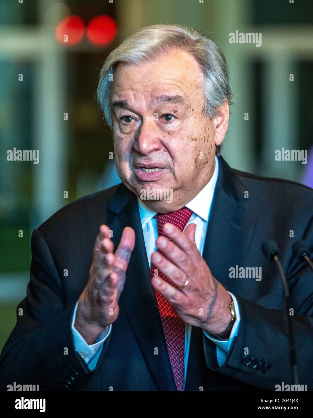 New York, USA. 18th June, 2021. United Nations Secretary-General António Guterres speaks after being reelected for a second 5-year term starting January 1st. Guterres said that democracy must be reinstated in Myanmar, political detainees must be freed and human rights abuses and killings must stop. Credit: Enrique Shore/Alamy Live News Stock Photo