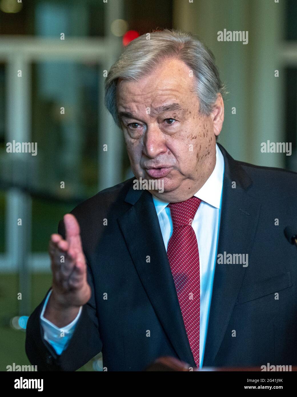 New York, USA. 18th June, 2021. United Nations Secretary-General António Guterres speaks after being reelected for a second 5-year term starting January 1st. Guterres said that democracy must be reinstated in Myanmar, political detainees must be freed and human rights abuses and killings must stop. Credit: Enrique Shore/Alamy Live News Stock Photo