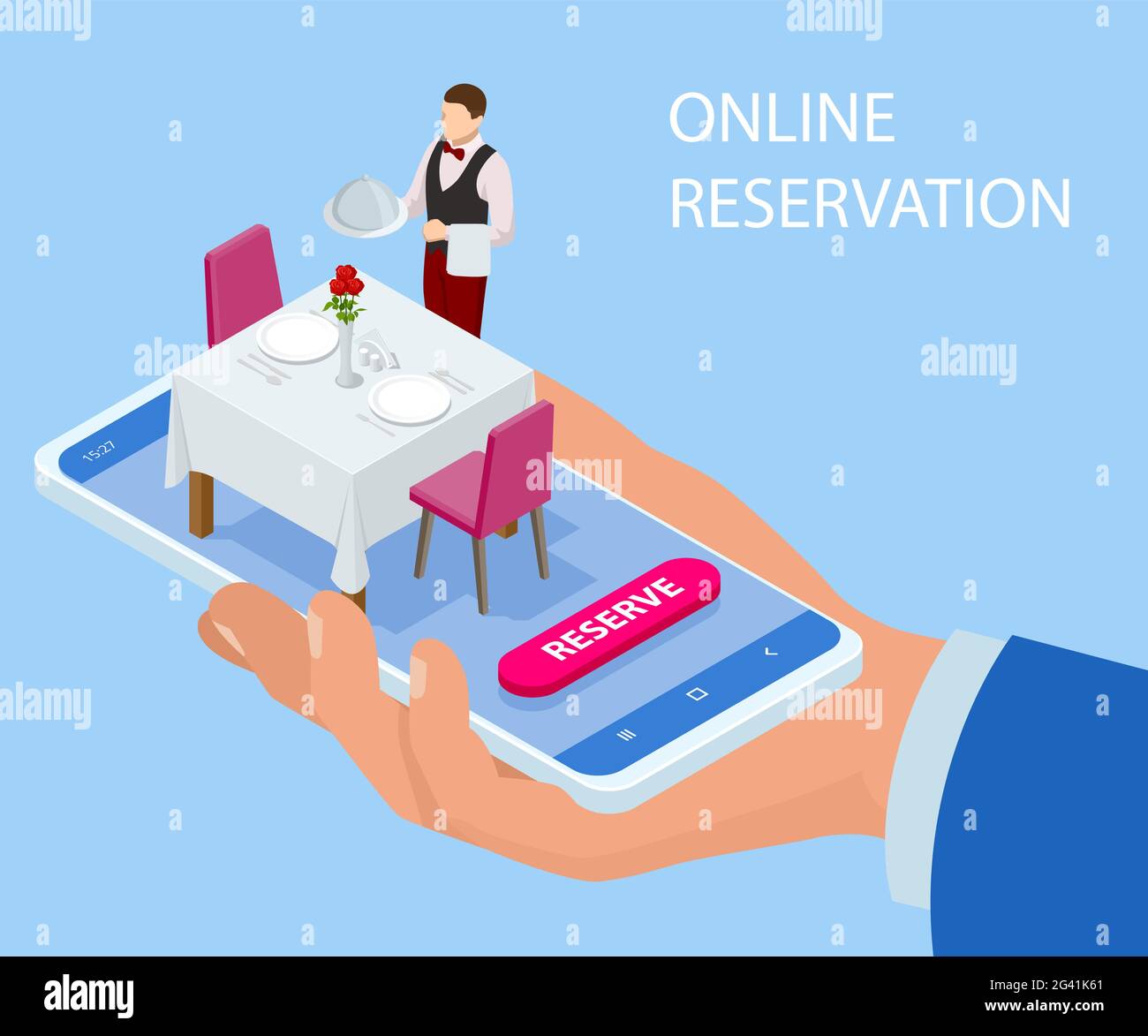 Online reserved table in restaurant. Concept Reserved in cafe. Isometric concept of table online reservation, mobile booking. Stock Vector